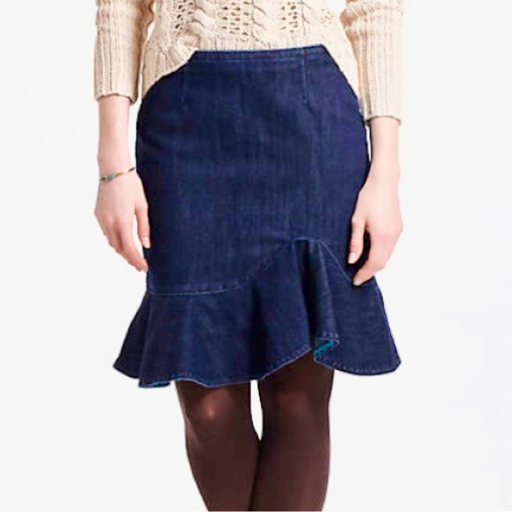 Anthropologie Leifsdottir Lana Denim Flare Ruffle Skirt, Dark Wash, 14